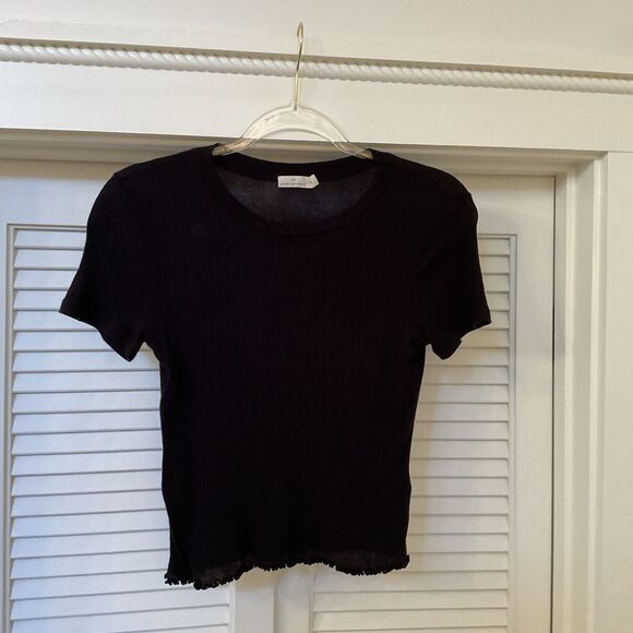 Michellle By Commune Black Ribbed Short Sleeve T Shirt Ruffled Bottom, Size S - Picture 2 of 11